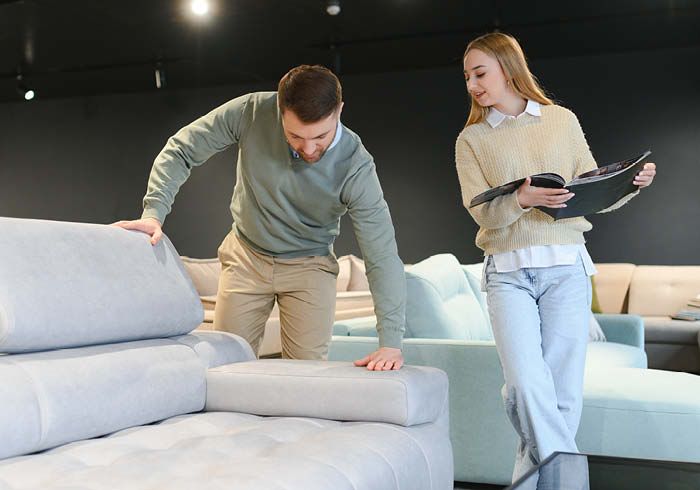 Fachberater erklärt Sofafunktion im Möbelhaus